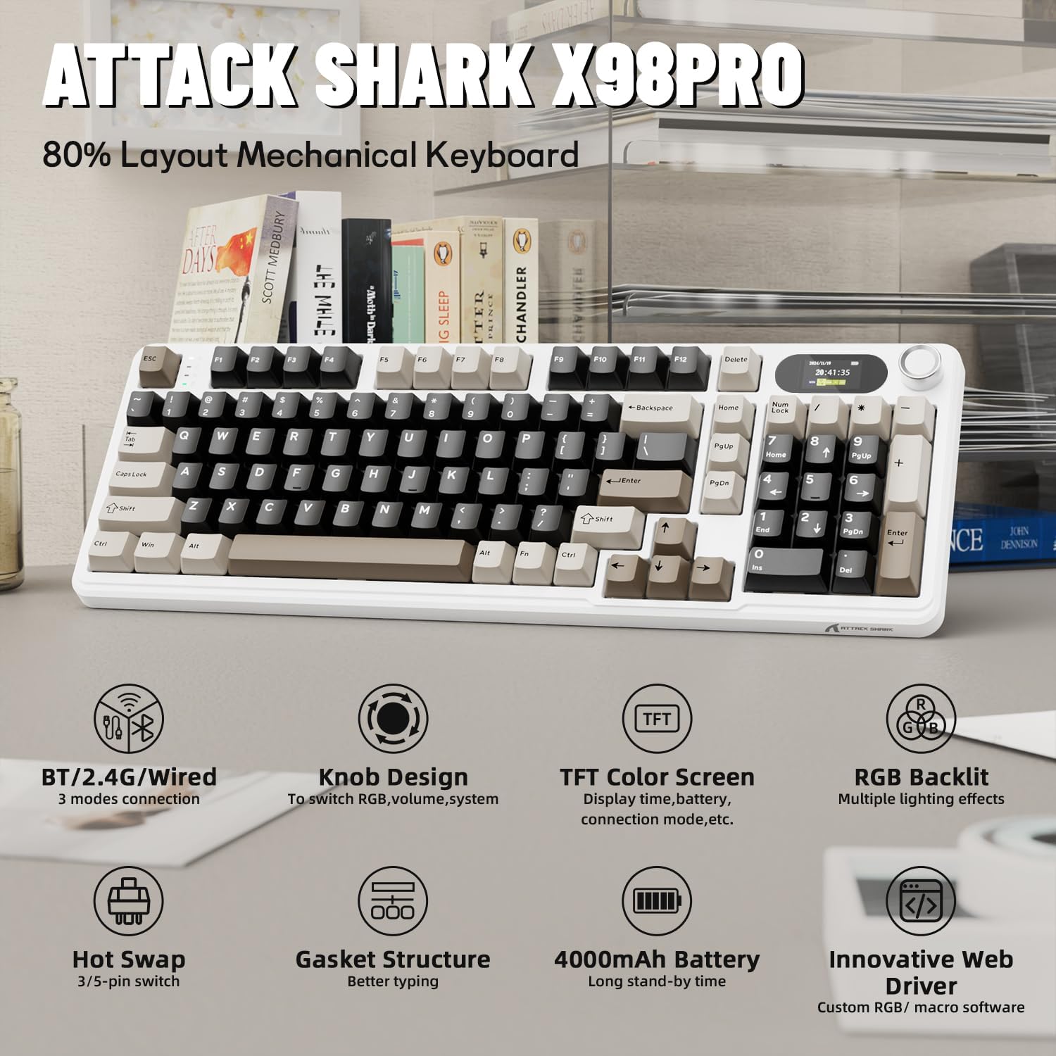 Gaming Keyboard Thocky - ATTACK SHARK X98Pro ワイヤレス メカニカル キーボード、スクリーンとノブ付き、トライモード