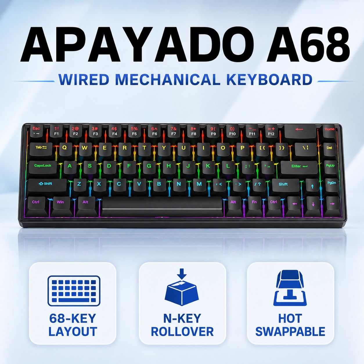 Keyboard Gaming Blue Switch - APAYADO A68 有線メカニカルキーボード、ホットスワップ対応、青または赤スイッチ、RGB